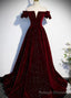 Wine Red Velvet Off Shoulder Long Formal Prom Gowns, Wine Red Prom Dresses