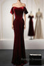Wine Red Velvet Off Shoulder Long Mermaid Prom Dress, Wine Red Velvet Eveing Dress