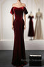 Wine Red Velvet Off Shoulder Long Mermaid Prom Dresses Wine Red Velvet Eveing Dresses