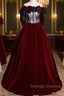 Wine Red Velvet Off Shoulder Party Dress With Bow, Wine Red Velvet Long Prom Dress