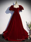 Wine Red Velvet Puffy Sleeves Long Prom Dress, Wine Red Long Prom Dress