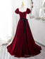 Wine Red Velvet Short Sleeves A Line Prom Dress, Wine Red Long Prom Dress