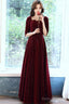 Wine Red Velvet Short Sleeves Long Prom Dresses A-Line Wine Red Prom Dresses