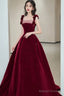Wine Red Velvet Straps Flowers Lace-Up Long Prom Dresses Wine Red Long Prom Dresses