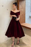 Wine Red Velvet Tea Length Chic Off Shoulder Prom Dresses Burgundy Prom Dress