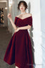Wine Red Velvet Tea Length Homecoming Dresses Dark Red Prom Dress