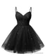 Womens V Neck Tulle Spaghetti Straps Black Homecoming Dresses with Corset Back Short Prom Gown for Teens