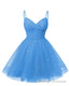 Womens V Neck Tulle Spaghetti Straps Blue Homecoming Dresses with Corset Back Short Prom Gown for Teens