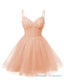 Womens V Neck Tulle Spaghetti Straps Blush Pink Homecoming Dresses with Corset Back Short Prom Gown for Teens