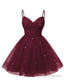Womens V Neck Tulle Spaghetti Straps Burgundy Homecoming Dresses with Corset Back Short Prom Gown for Teens