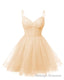 Womens V Neck Tulle Spaghetti Straps Champagne Homecoming Dresses with Corset Back Short Prom Gowns for Teens