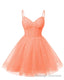 Womens V Neck Tulle Spaghetti Straps Coral Homecoming Dresses with Corset Back Short Prom Gowns for Teens