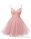 Womens V Neck Tulle Spaghetti Straps Homecoming Dresses with Corset Back Short Prom Gown for Teens