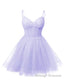 Womens V Neck Tulle Spaghetti Straps Lilac Homecoming Dresses with Corset Back Short Prom Gown for Teens