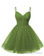 Womens V Neck Tulle Spaghetti Straps Olive Green Homecoming Dresses with Corset Back Short Prom Gown for Teens