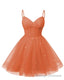 Womens V Neck Tulle Spaghetti Straps Orange Homecoming Dresses with Corset Back Short Prom Gowns for Teens