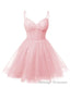 Womens V Neck Tulle Spaghetti Straps Pink Homecoming Dresses with Corset Back Short Prom Gown for Teens