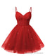 Womens V Neck Tulle Spaghetti Straps Red Homecoming Dresses with Corset Back Short Prom Gown for Teens