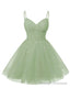 Womens V Neck Tulle Spaghetti Straps Sage Green Homecoming Dresses with Corset Back Short Prom Gowns for Teens