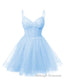 Womens V Neck Tulle Spaghetti Straps Sky Blue Homecoming Dresses with Corset Back Short Prom Gown for Teens