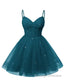 Womens V Neck Tulle Spaghetti Straps Teal Homecoming Dresses with Corset Back Short Prom Gown for Teens