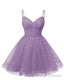 Womens V Neck Tulle Spaghetti Straps Wisteria Homecoming Dresses with Corset Back Short Prom Gowns for Teens
