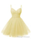 Womens V Neck Tulle Spaghetti Straps Yellow Homecoming Dresses with Corset Back Short Prom Gowns for Teens