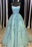 Blue Lace Long Prom Dresses, A Line Formal Prom Dresses