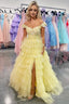 Yellow 3D Floral Lace Off-the-Shoulder Ruffle Tiered Prom Gowns