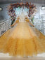 Yellow Ball Gowns Tulle Long Sleeve Open Back Wedding Dress With Beading