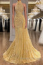 Yellow Evening Dresses Long High Neck Sparkly Feather Luxury Bling Evening Gown Formal Prom Dress