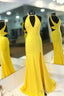 Yellow Long Satin Halter Mermaid Prom Dresses With Open Back And Slit