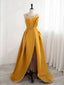 Yellow Satin Beaded Long Prom Dress with Leg Slit, Yellow A Line Prom Dress