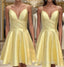 Yellow Satin Short Graduation Prom Dress ,Spaghetti Straps Homecoming Dress