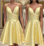 Yellow Satin Short Graduation Prom Dresses Spaghetti Straps Homecoming Dresses