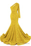 Yellow Sequins Mermaid Prom Dresses One Shoulder Evening Dresses Floor Length Wedding Party Gowns