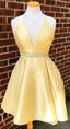 Yellow Short V Neck Prom Dresses Homecoming Dresses Waist With Beaded