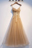 Yellow Spaghetti Straps Lace Long Prom Dress, A Line Prom Prom Dress