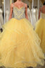 Yellow sweetheart tulle sequin long prom Dresses yellow Prom Dresses