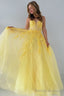 Yellow Tulle Appliques Lace-Up A Line Long Prom Dress