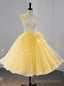 Yellow Tulle Lace Flower Tea Length Homecoming Dress