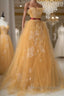 Yellow tulle lace long prom dress, yellow tulle formal dress
