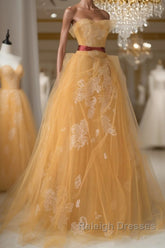 Yellow tulle lace long prom dress, yellow tulle formal dress