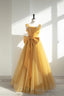 Yellow Tulle Long A Line Prom Dress, Cute Prom Dress with Bow