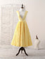 Yellow V Neck 3D Lace Tea Long Prom Dress, Yellow Prom Dress