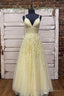 Yellow V Neck Lace Long Prom Dress, A Line Spaghetti Straps Prom Dress