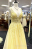Yellow V Neck Tulle Lace Prom Dress Evening Dress