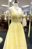 Yellow V Neck Tulle Lace Prom Dresseses