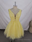 Yellow V Neck Tulle Sequin Short Prom Dress, Yellow Tulle Homecoming Dress