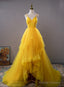 Yellow V-Neckline Straps Tulle Beaded Long Party Dress, Yellow Formal Dress Prom Dress